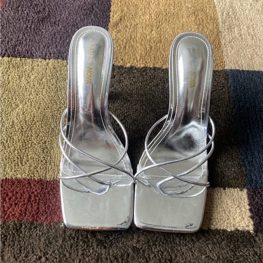 Fashion Nova Silver Heels with Modern Square Toe